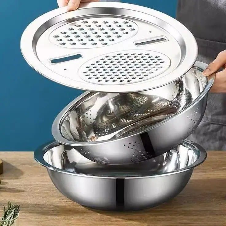 Multifunctional stainless steel 3in1 vegetable/fruit and rice washing bowl,with drainer and salad grater