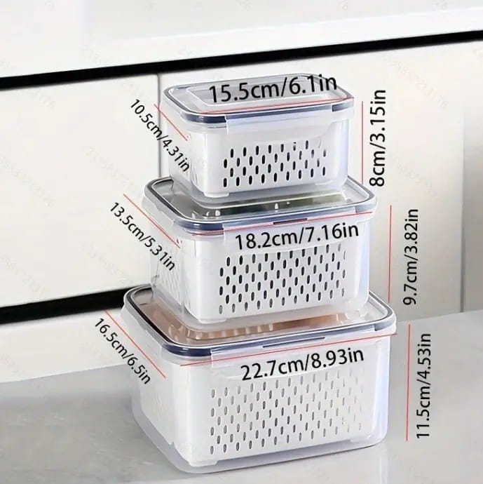 3pcs Refrigerator Storage Box With Drain Basket Fresh Vegetable Fruit Boxes Storage Containers Kitchen Fridge Organizer