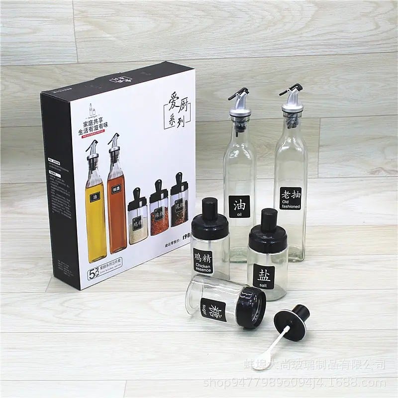 5pcs oil vinegar &amp; spice bottles multifunctional kitchen seasoning storage set.