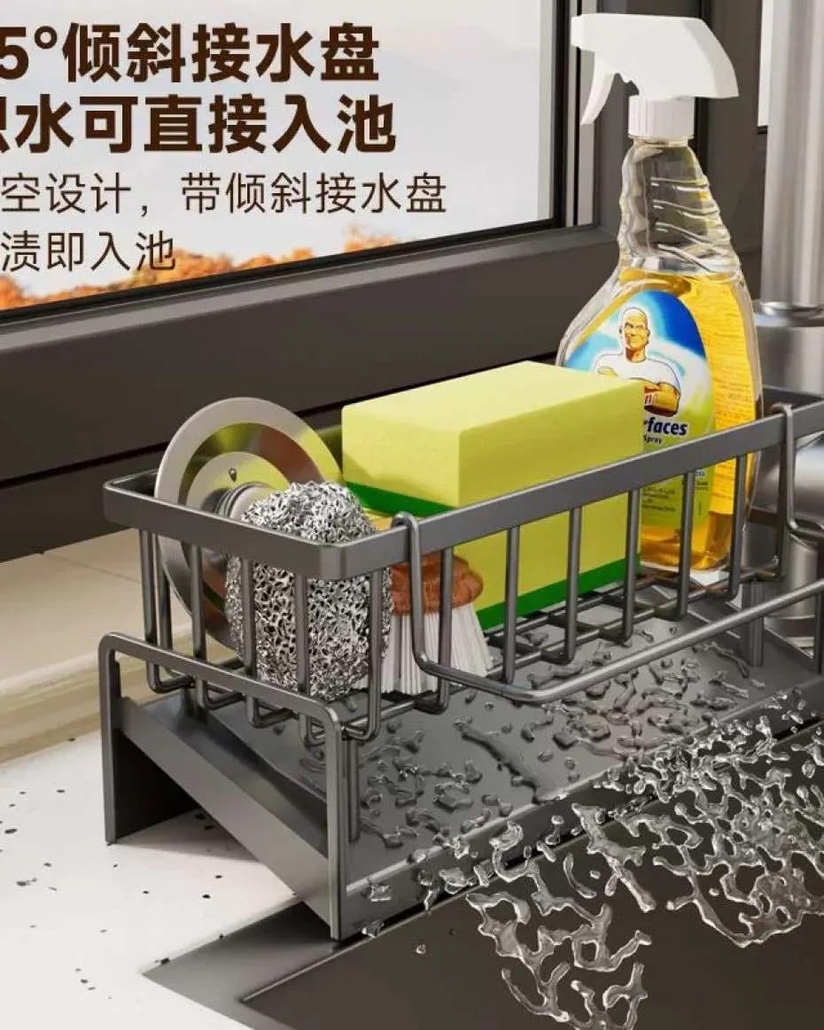 Kitchen storage rack, cleaning ball, dishcloth, dishwashing liquid, sponge, sink-side storage organizer, countertop draining rack.