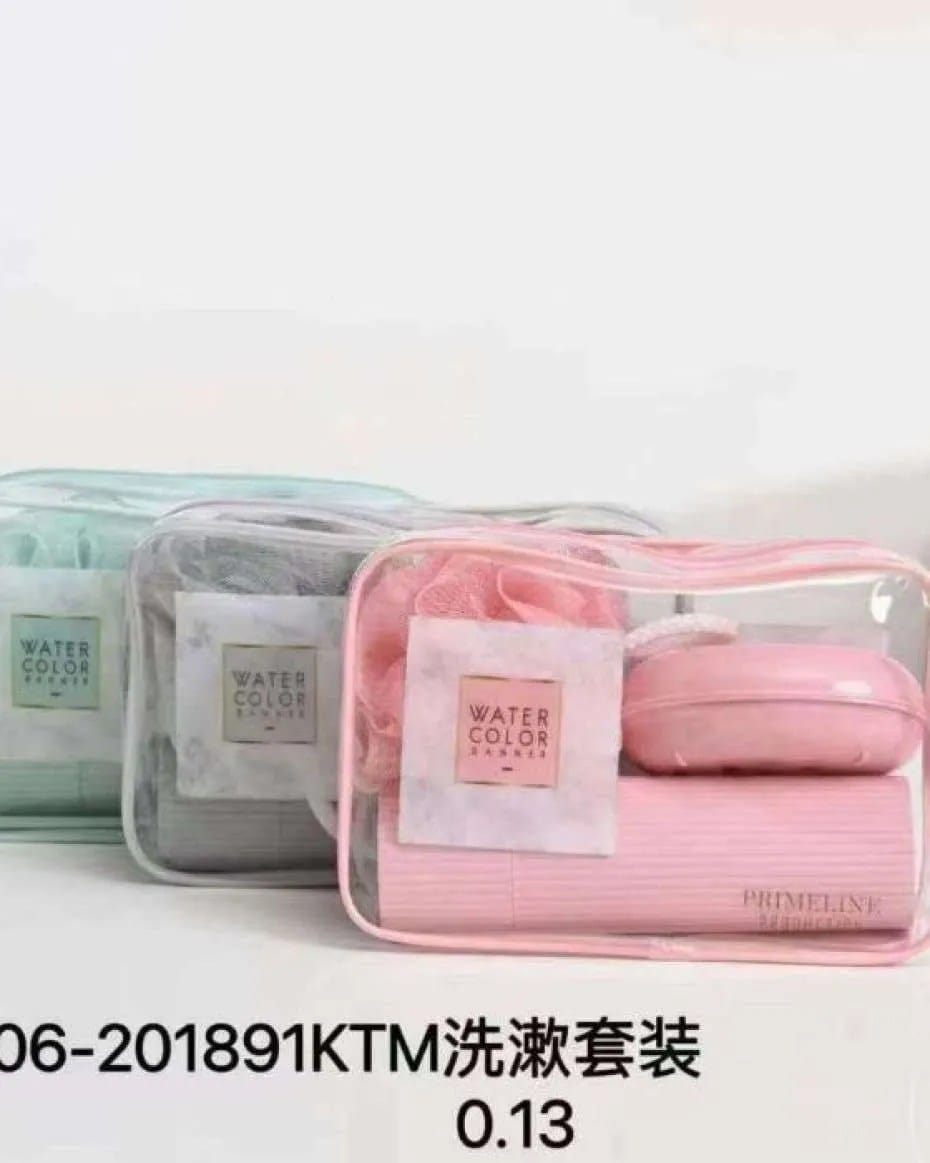 Transparent PVC zipper bags for organizing travel toiletries and cosmetics.